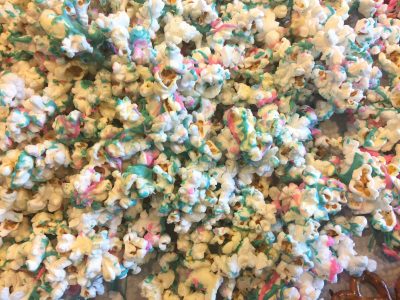 easy gourmet popcorn party mix in flamingo colors